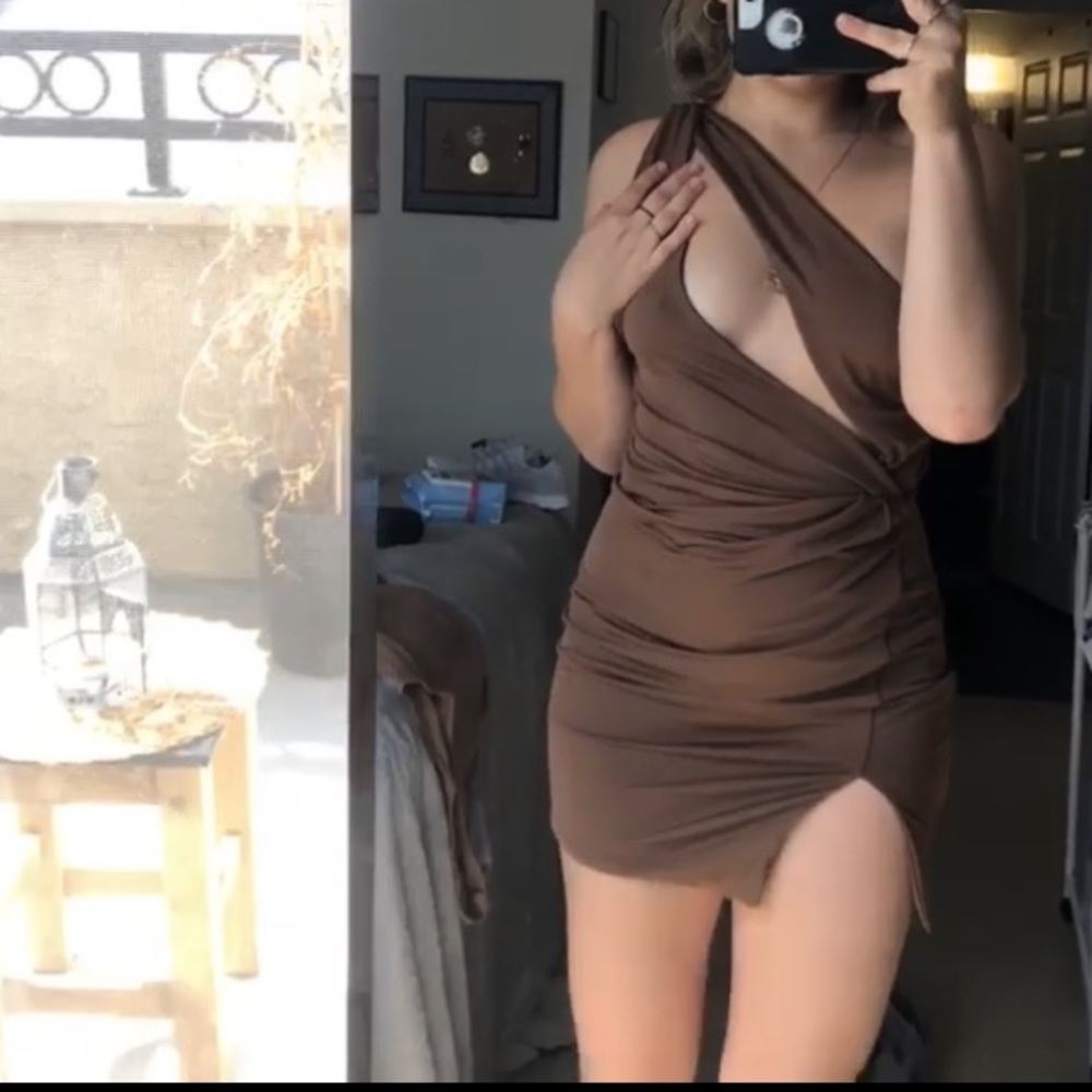 Tan brown cutout mini dress with deep plunge